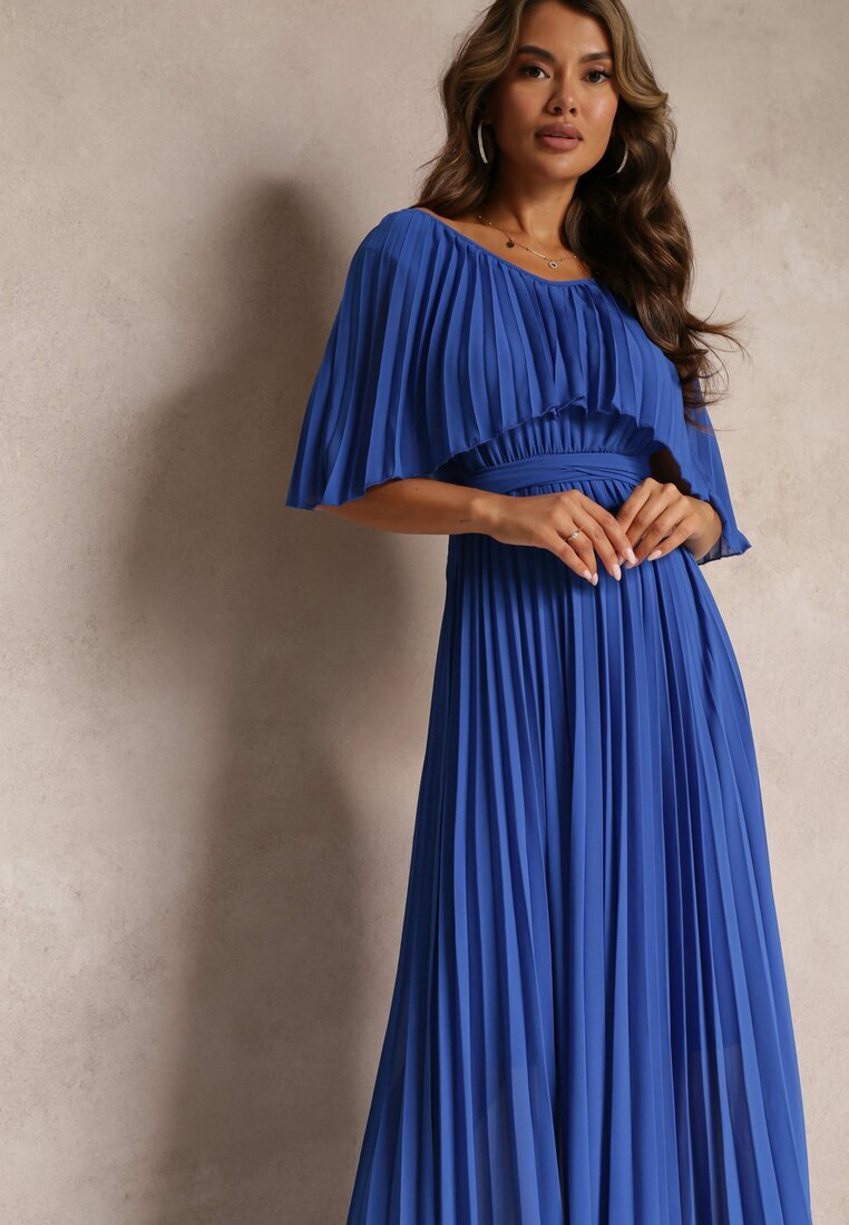 lily rose Rochie Plisată Bleumarin cu elastic în talie cu volan la decolteu Drenia