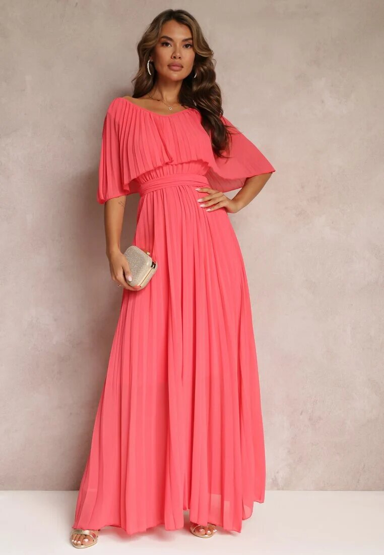 lily rose Rochie Plisată Roz cu Elastic în Talie cu Volan la Decolteu Drenia