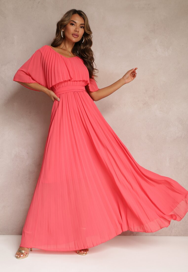 lily rose Rochie Plisată Roz cu Elastic în Talie cu Volan la Decolteu Drenia