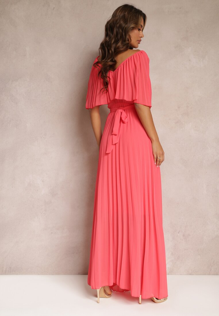 lily rose Rochie Plisată Roz cu Elastic în Talie cu Volan la Decolteu Drenia
