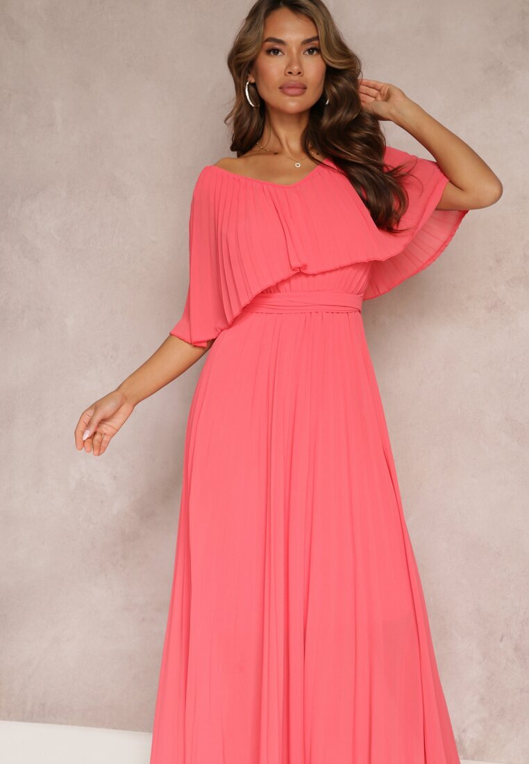 lily rose Rochie Plisată Roz cu Elastic în Talie cu Volan la Decolteu Drenia