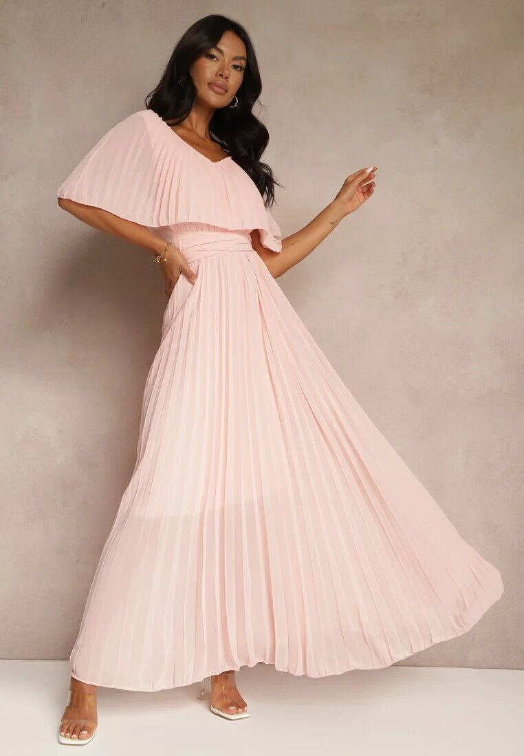 lily rose Rochie Plisată Roz deschis cu elastic în talie cu volan la decolteu Drenia