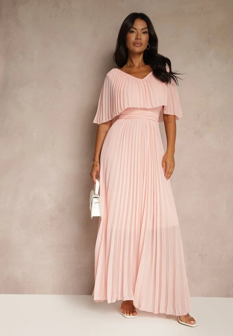 lily rose Rochie Plisată Roz deschis cu elastic în talie cu volan la decolteu Drenia