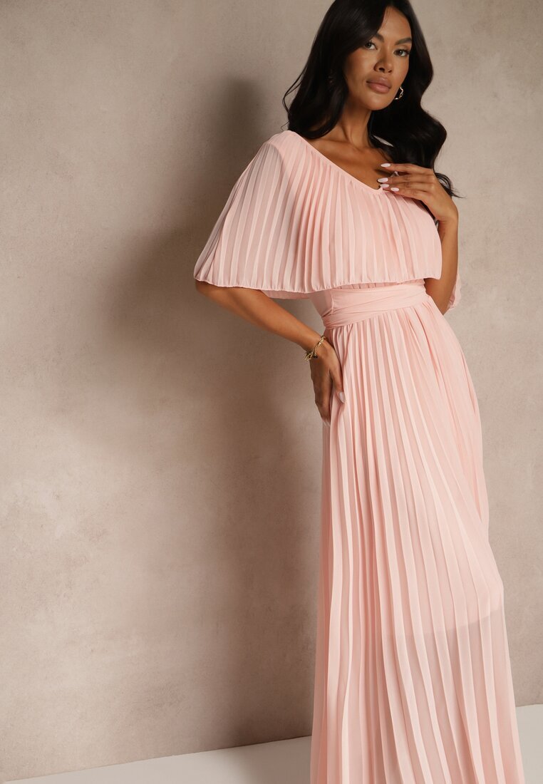 lily rose Rochie Plisată Roz deschis cu elastic în talie cu volan la decolteu Drenia
