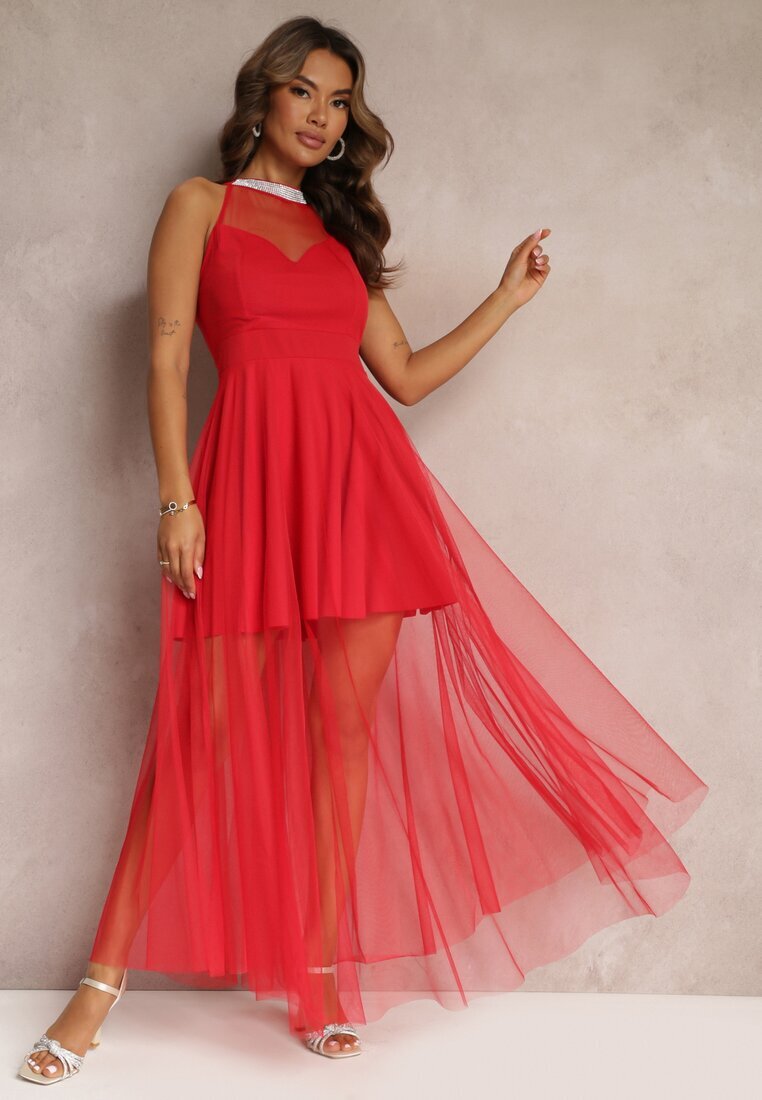 lily rose Rochie Roșie Maxi evazată cu tul lung și strasuri decorative Amorah