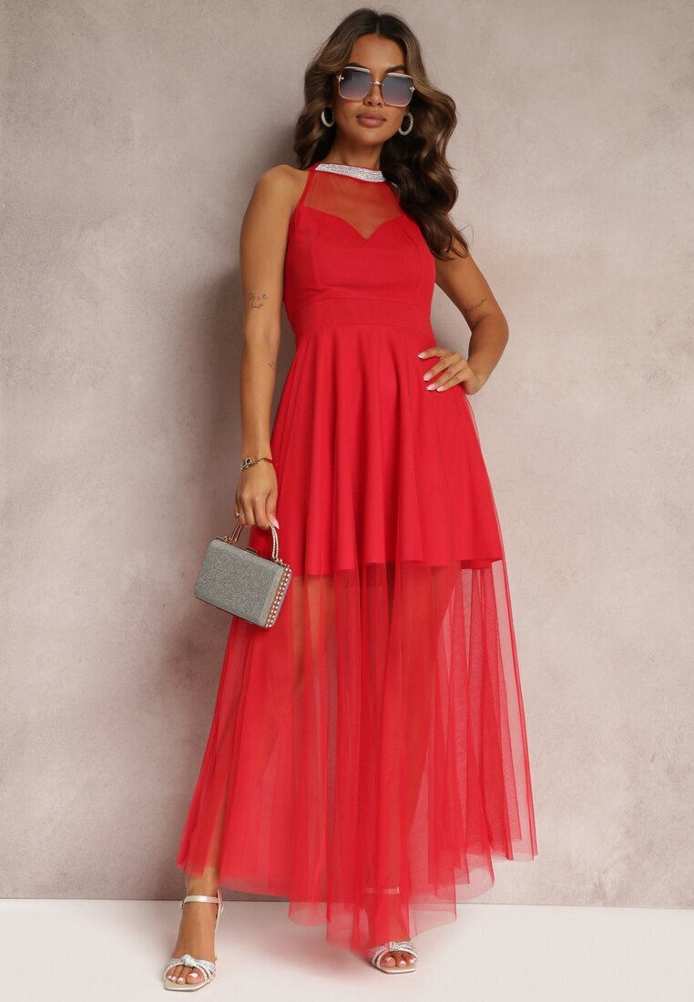 lily rose Rochie Roșie Maxi evazată cu tul lung și strasuri decorative Amorah