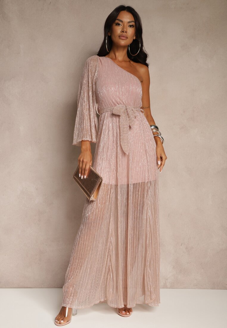 lily rose Rochie Roz Asimetrică cu Cusături Metalice și Curea Legată Arhellia