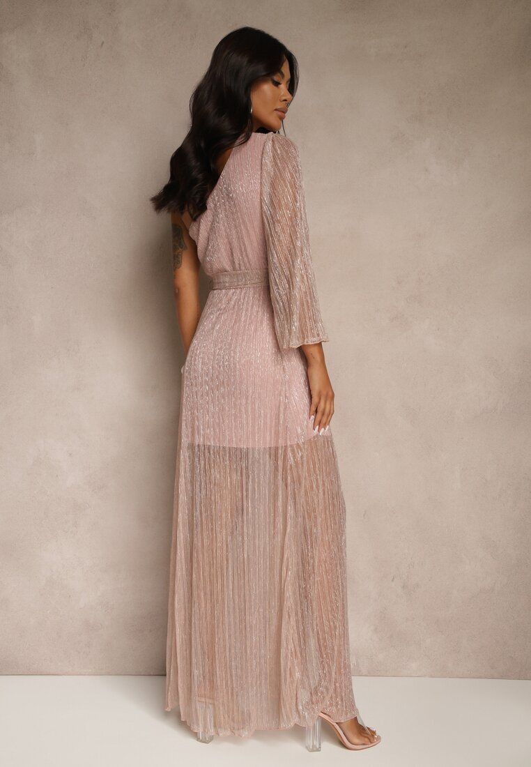 lily rose Rochie Roz Asimetrică cu Cusături Metalice și Curea Legată Arhellia