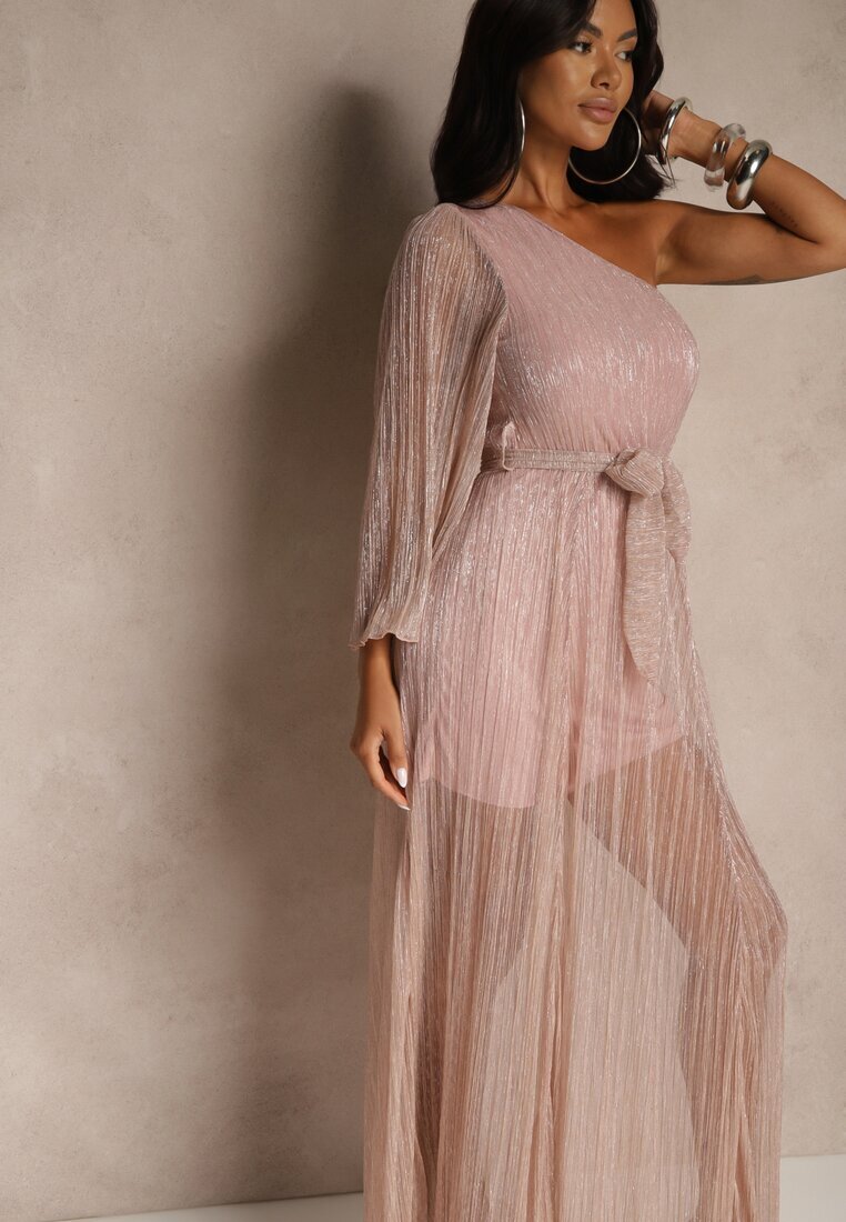 lily rose Rochie Roz Asimetrică cu Cusături Metalice și Curea Legată Arhellia
