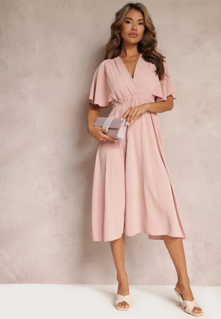 lily rose Rochie Roz Închis cu Elastic în Talie cu Mânecă Scurtă și Decolteu Petrecut Kelila