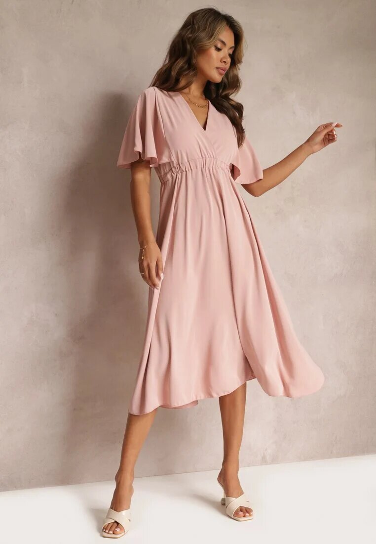 lily rose Rochie Roz Închis cu Elastic în Talie cu Mânecă Scurtă și Decolteu Petrecut Kelila
