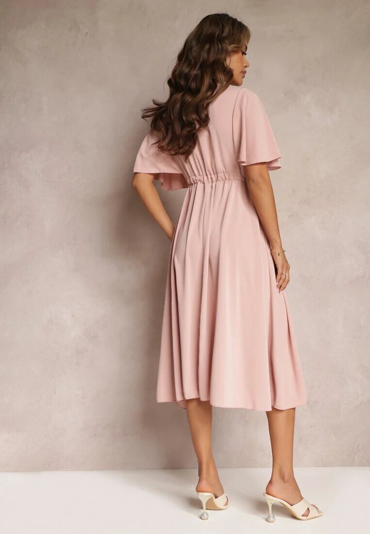 lily rose Rochie Roz Închis cu Elastic în Talie cu Mânecă Scurtă și Decolteu Petrecut Kelila