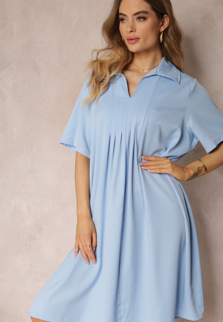 lily rose Rochie Vaporoasă Albastră Cloș cu Guler și Pliuri Pedrisa