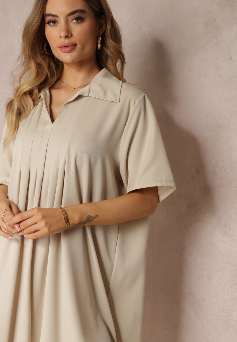lily rose Rochie vaporoasă evazată bej deschis cu guler și pliuri Pedrisa