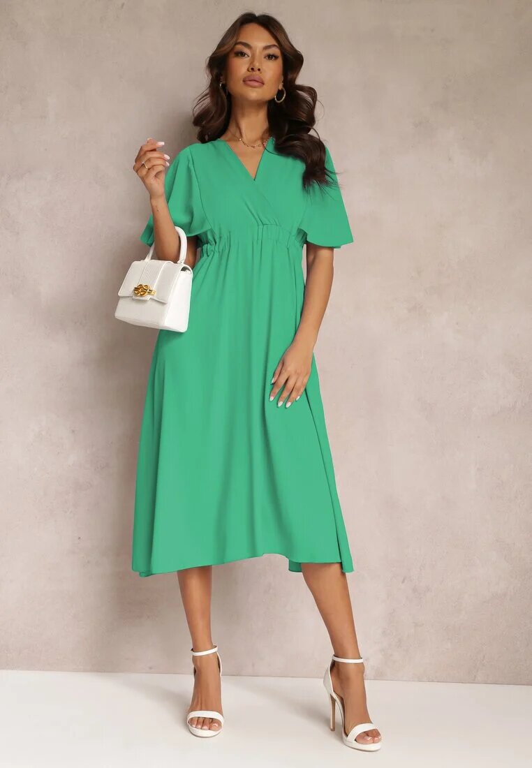 lily rose Rochie verde cu elastic în talie cu mânecă scurtă și decolteu petrecut Kelila