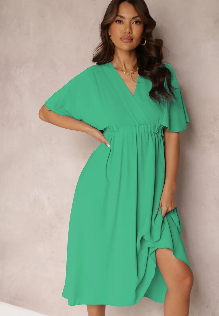 lily rose Rochie verde cu elastic în talie cu mânecă scurtă și decolteu petrecut Kelila