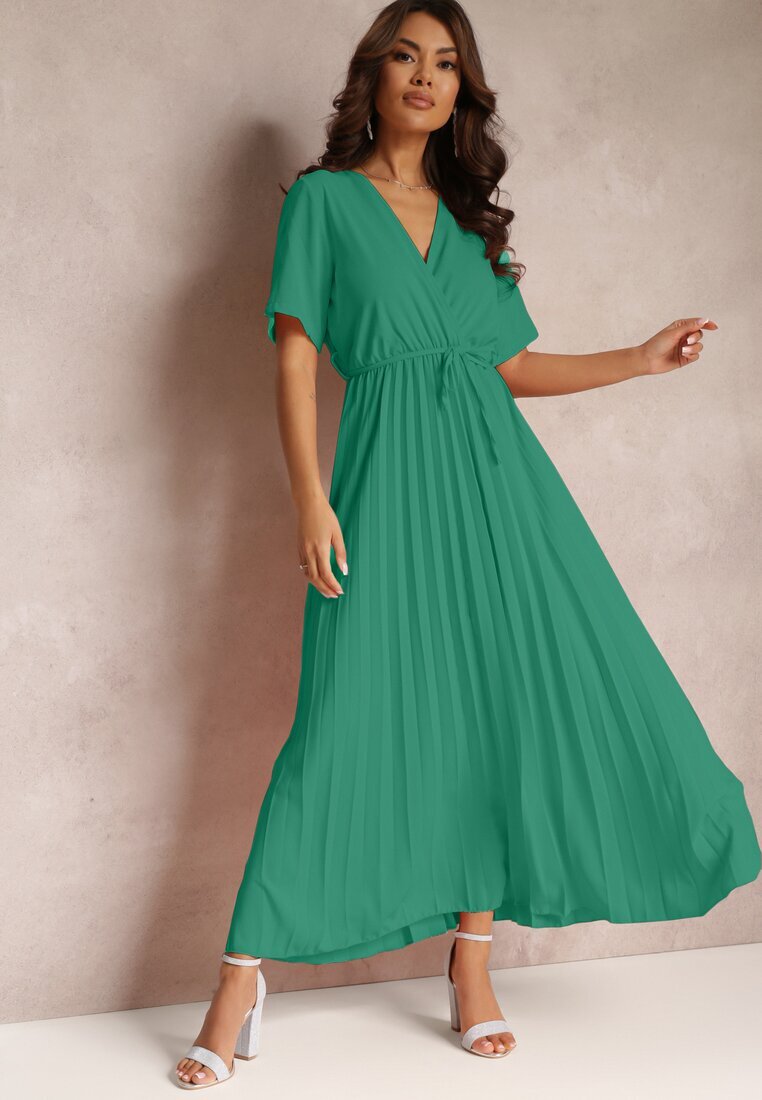 lily rose Rochie Verde Evazată Plisată cu Cordon Eilemona