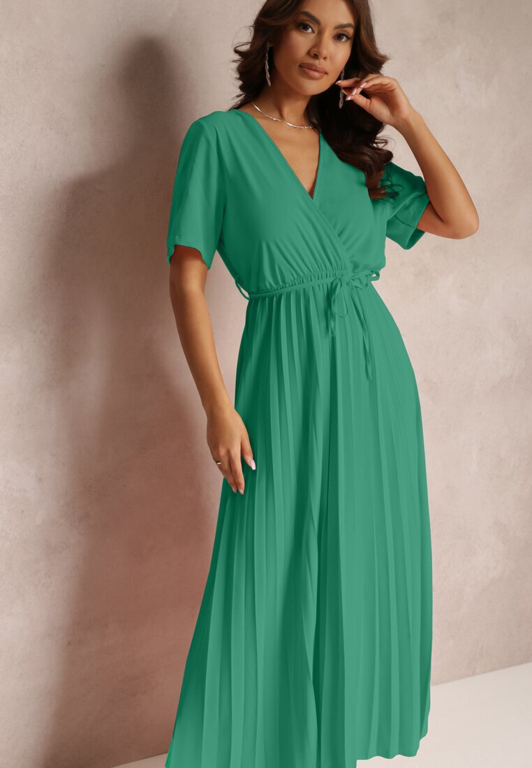 lily rose Rochie Verde Evazată Plisată cu Cordon Eilemona