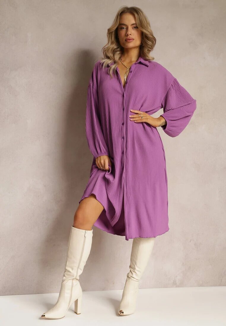 lily rose Rochie Violet Plisată Midi cu Guler și Nasturi Danitza
