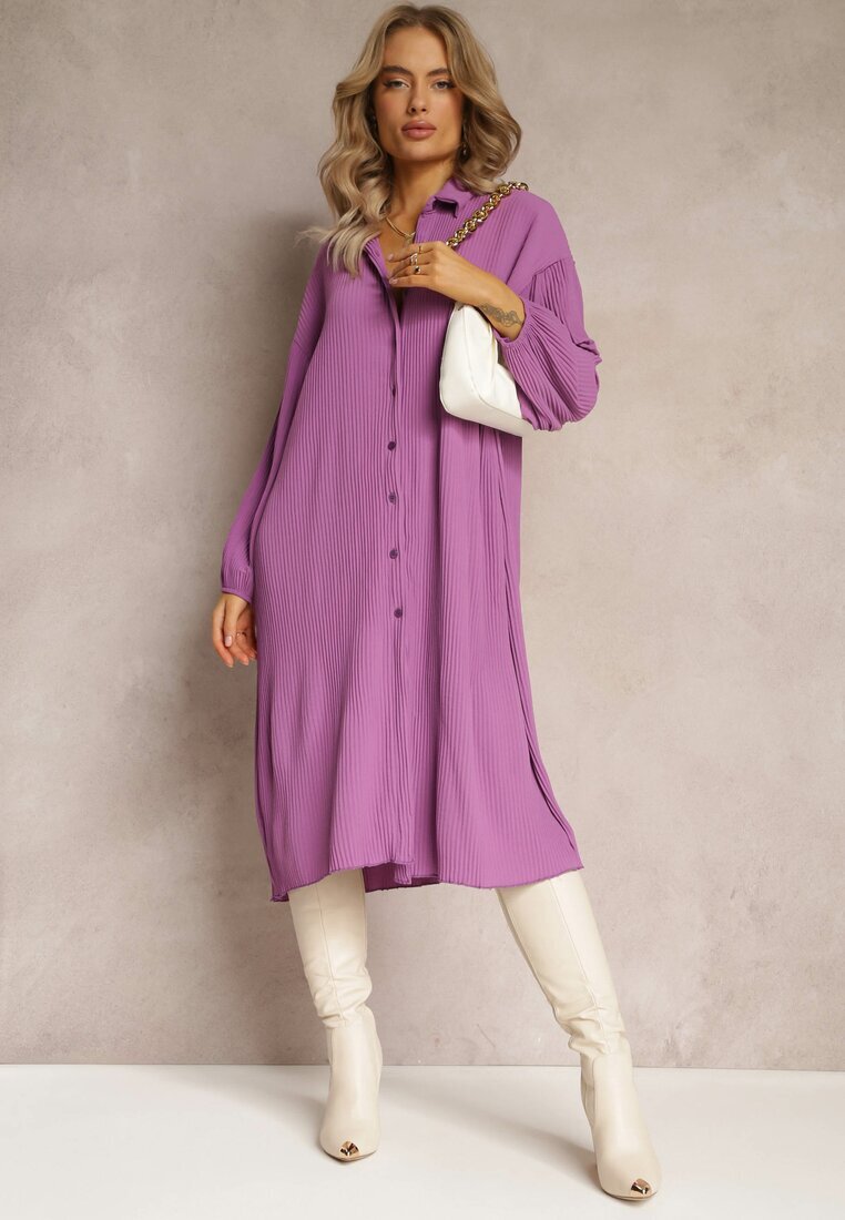 lily rose Rochie Violet Plisată Midi cu Guler și Nasturi Danitza