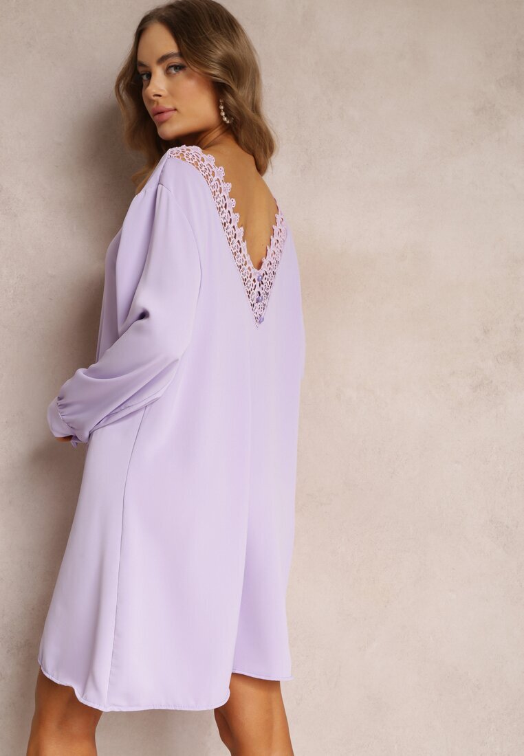 lily rose Rochie Violetă Mini cu Inserție de Dantelă și Mâneci Lungi Jood