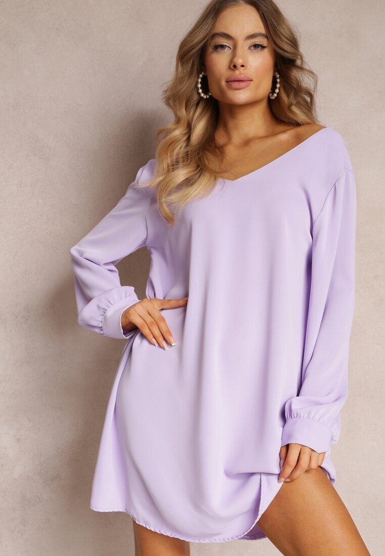 lily rose Rochie Violetă Mini cu Inserție de Dantelă și Mâneci Lungi Jood