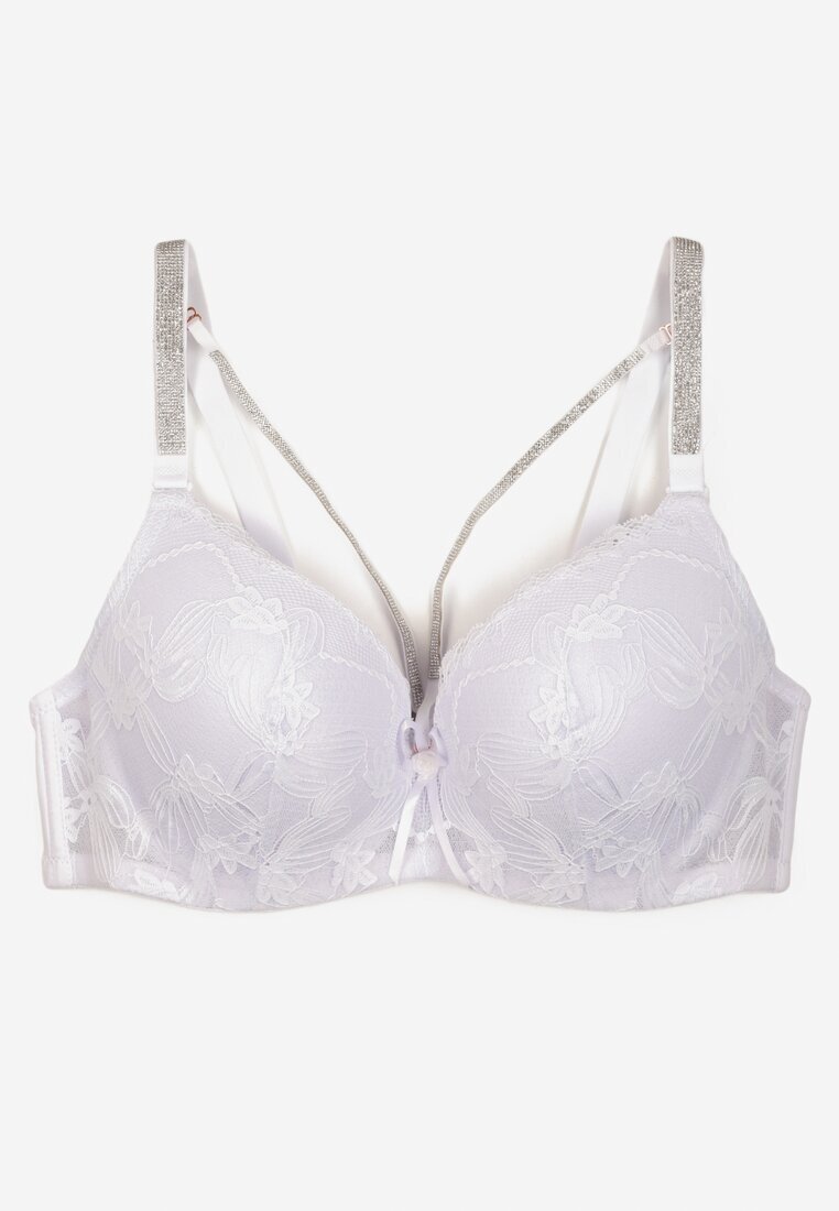 love magnolia Sutien Alb cu Bretele Suplimentare Decorat cu Dantelă și Circonii Ollimi