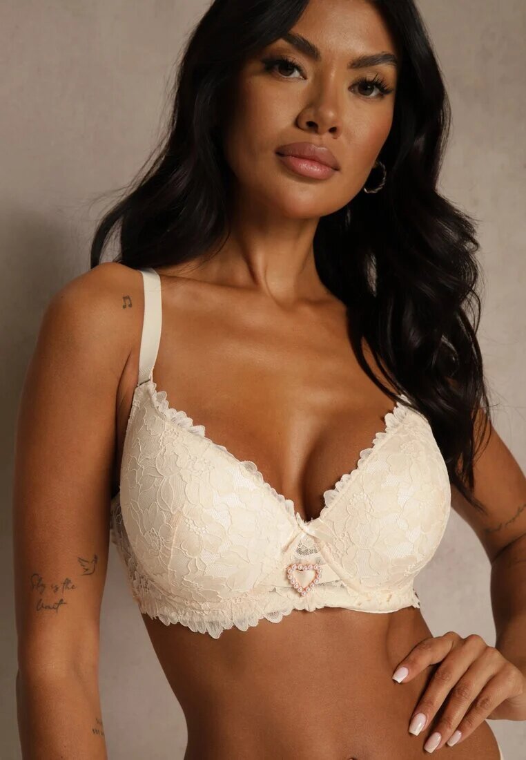 love magnolia Sutien Bej de Dantelă Decorat cu Inimă din Zirconiu Bothilei