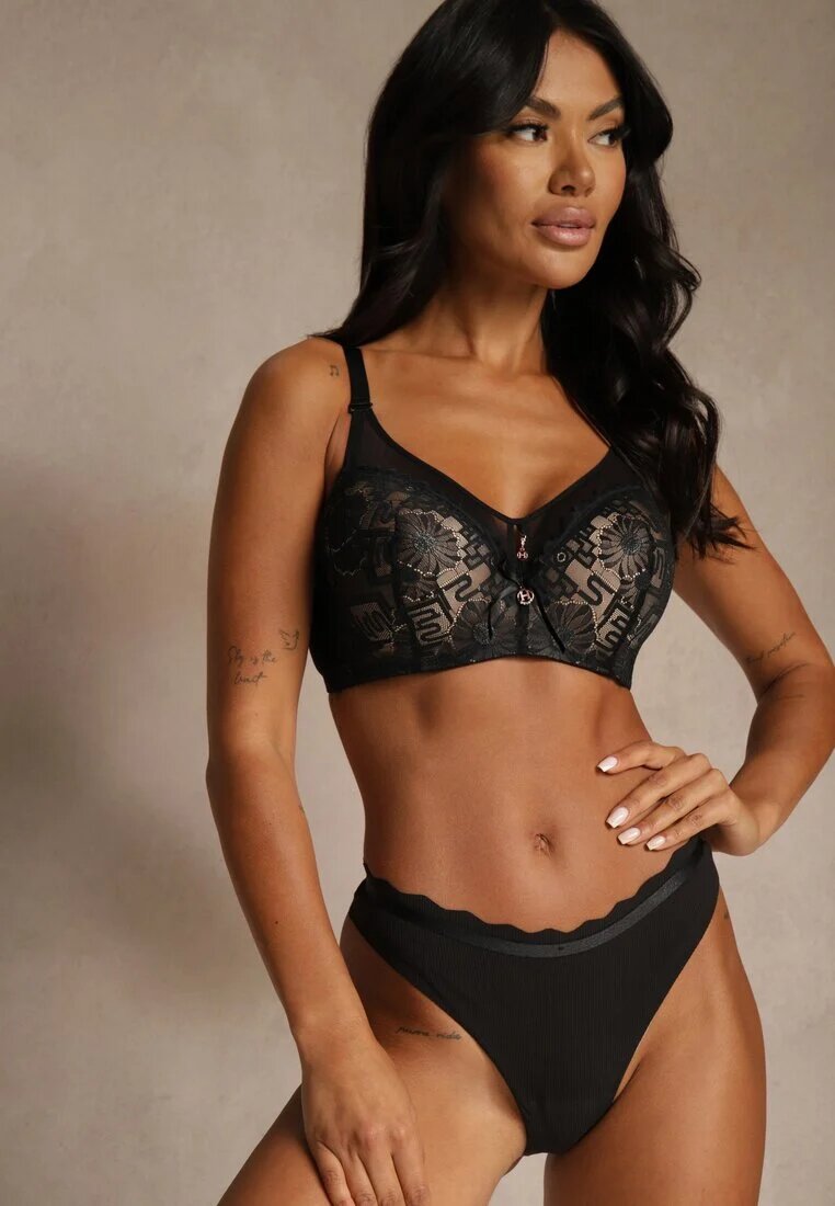 love magnolia Sutien Dantelat Negru-Bej Decorat cu Inserție Transparentă Acalinai