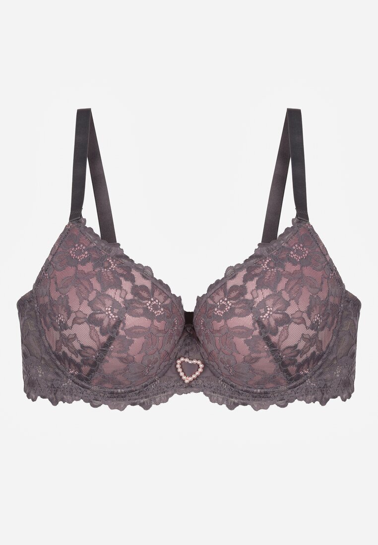 love magnolia Sutien Din dantelă Gri-Roz Decorat Cu o inimă de zirconiu Bothilei