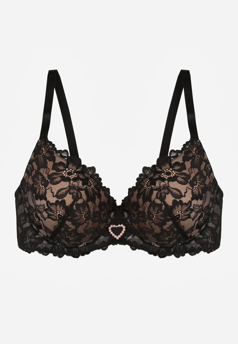 love magnolia Sutien din dantelă Negru-Bej Ornat cu inimă din zirconiu Bothilei