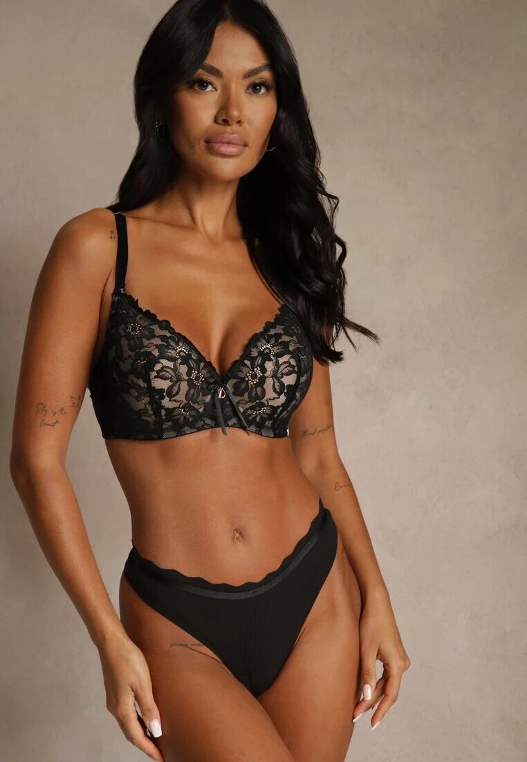 love magnolia Sutien Negru-Bej Decorat cu Dantelă și Fundiță Aqiany