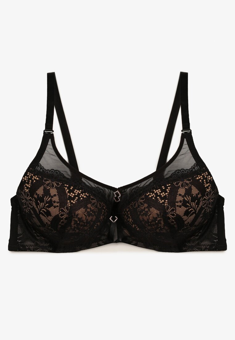 love magnolia Sutien Negru-Bej din Dantelă Tip Full Cup cu Catarame Metalice și Cirkoni Mulani
