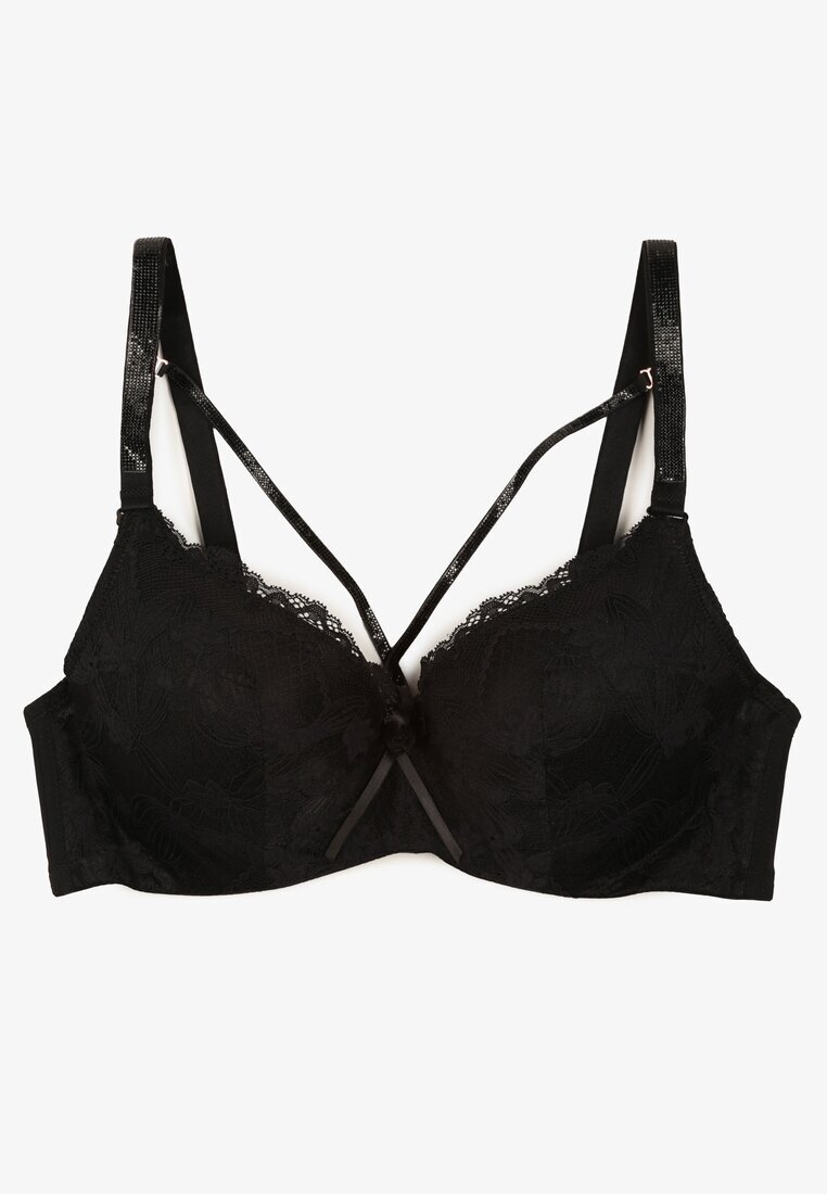 love magnolia Sutien Negru cu Bretele Suplimentare Decorat cu Dantelă și Zirconii Ollimi