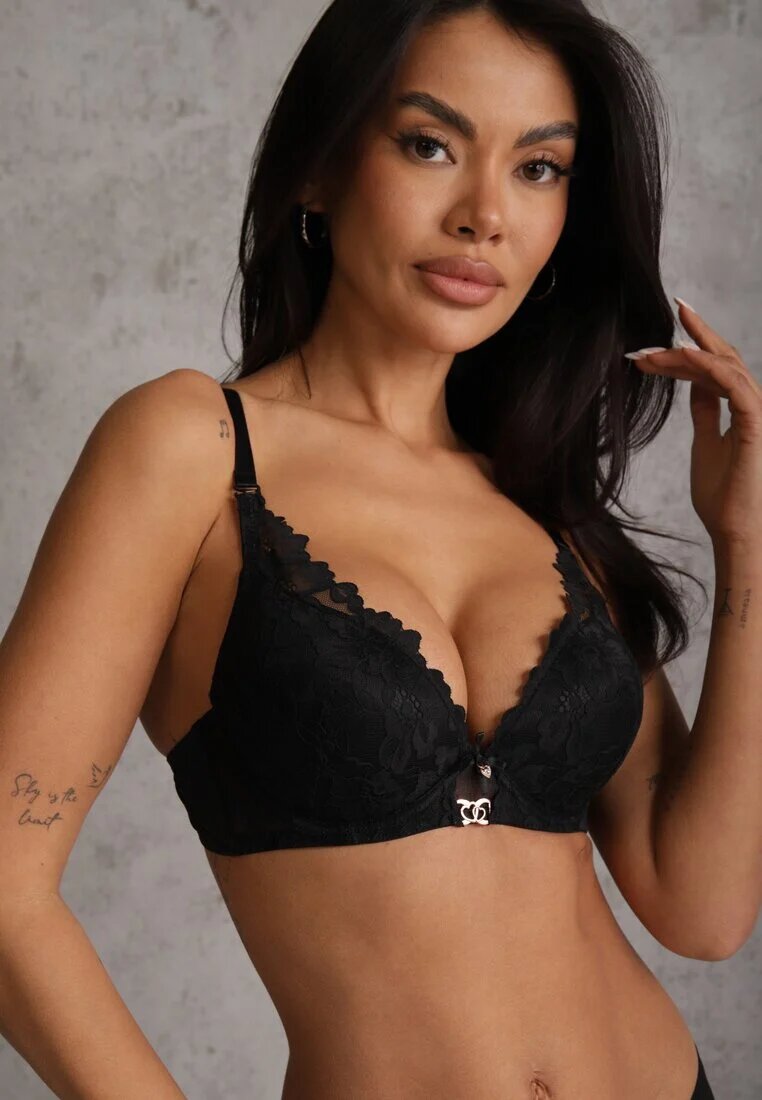 love magnolia Sutien Negru din dantelă decorat cu aplicație metalică Mirzedi