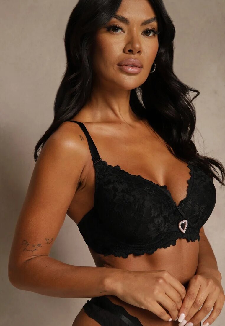 love magnolia Sutien Negru din Dantelă Decorat cu Inimă din Zirconiu Bothilei