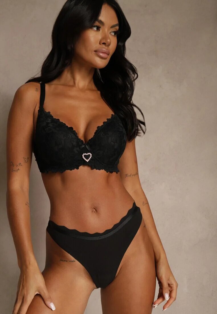 love magnolia Sutien Negru din Dantelă Decorat cu Inimă din Zirconiu Bothilei
