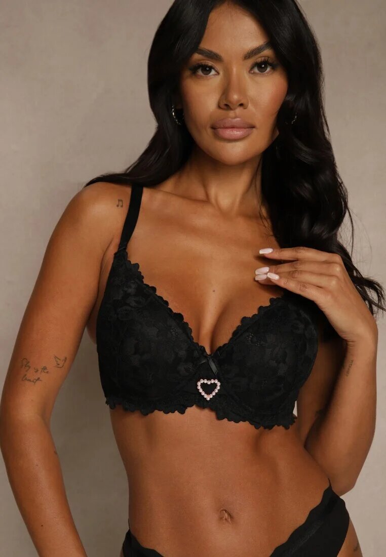 love magnolia Sutien Negru din Dantelă Decorat cu Inimă din Zirconiu Bothilei