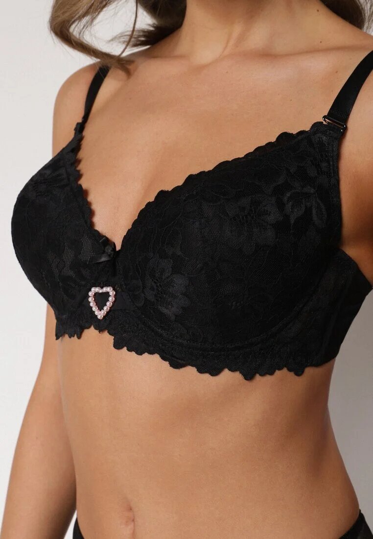 love magnolia Sutien Negru din Dantelă Decorat cu Inimă din Zirconiu Bothilei