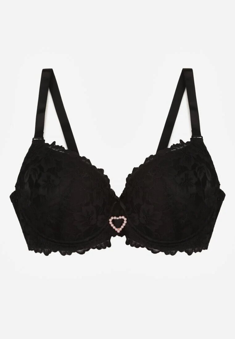 love magnolia Sutien Negru din Dantelă Decorat cu Inimă din Zirconiu Bothilei
