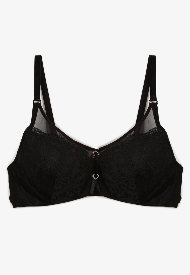 love magnolia Sutien Negru Din Dantelă Tip Full Cup cu Catarame Metalice și Zirconii Mulani