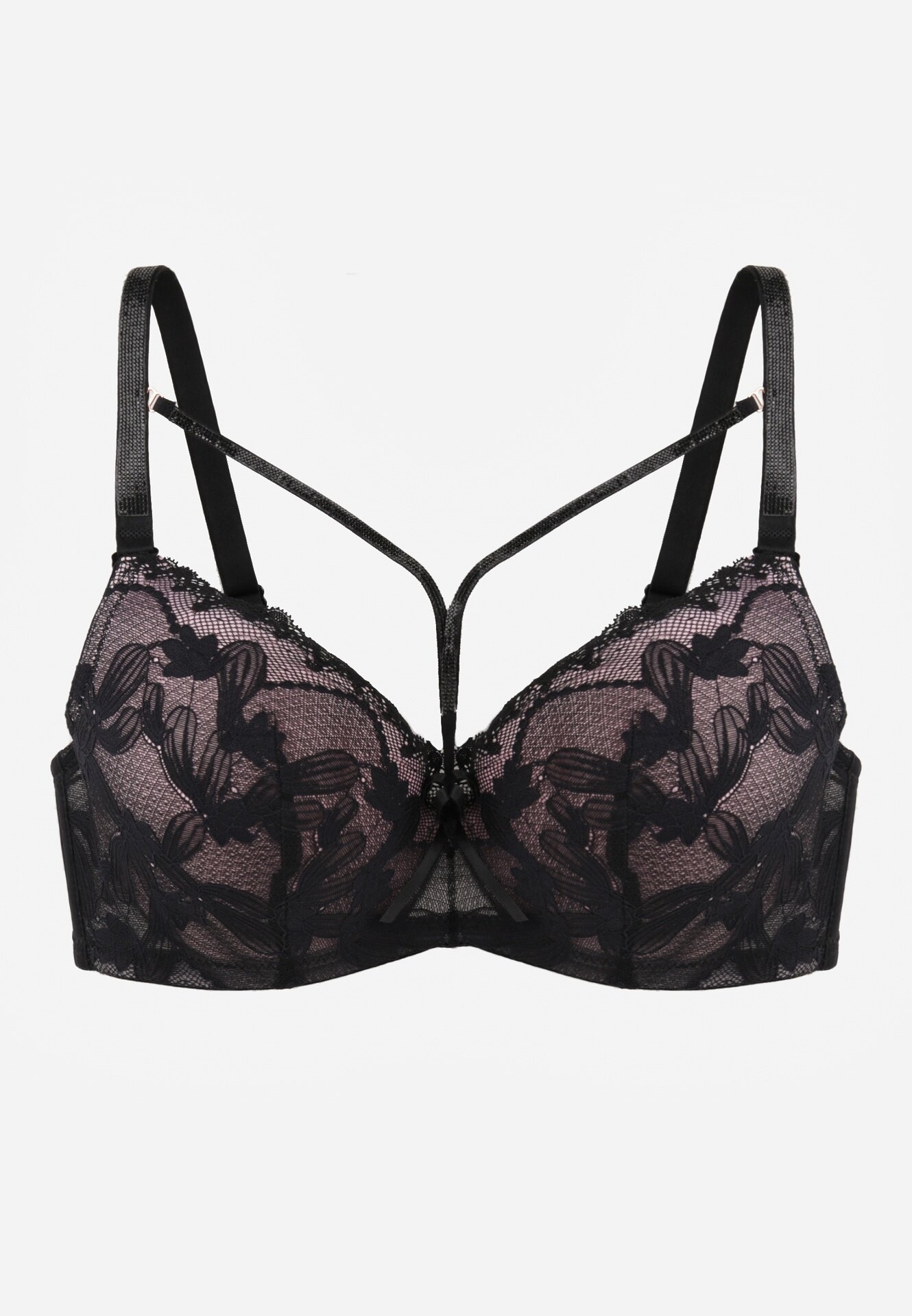 love magnolia Sutien Negru-Roz cu Bretele Suplimentare Decorat cu Dantelă și Zirconii Ollimi
