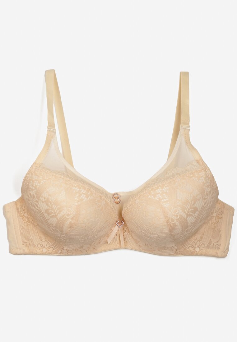 love magnolia Sutien tip full cup Bej din dantelă cu catarame metalice și zirconii Mulani