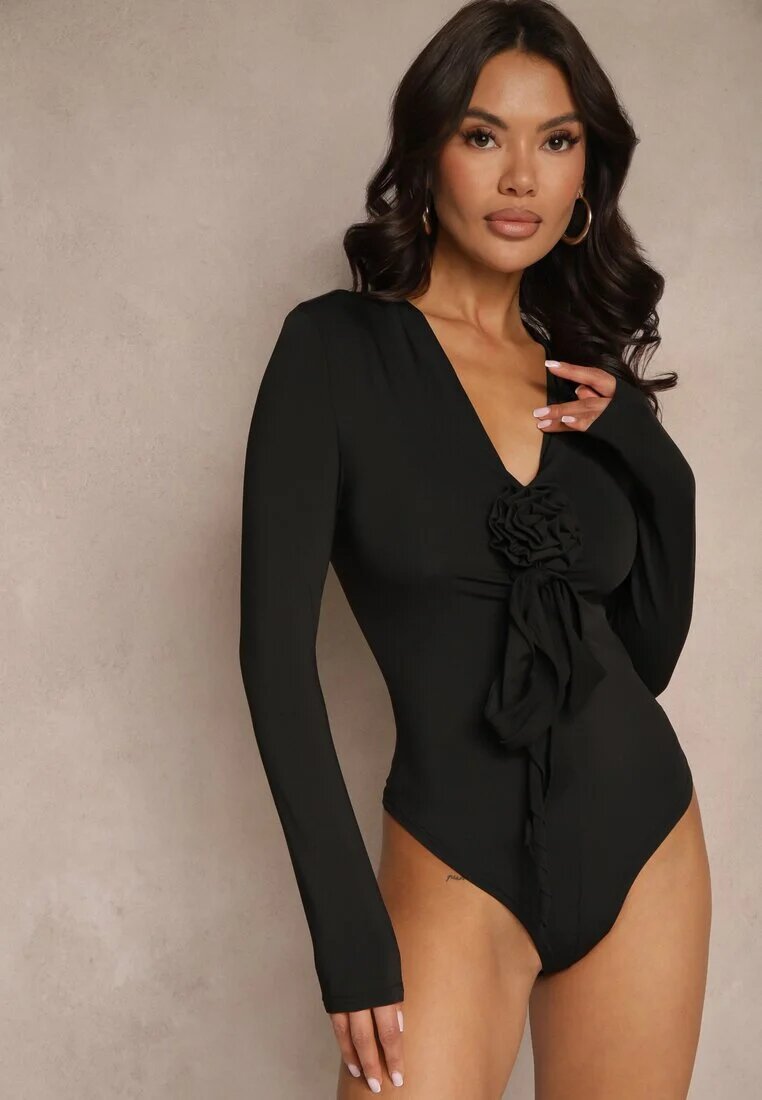 lovery Body Negru cu Viscoză Decolteu Petrecut și Floare 3D Desovia