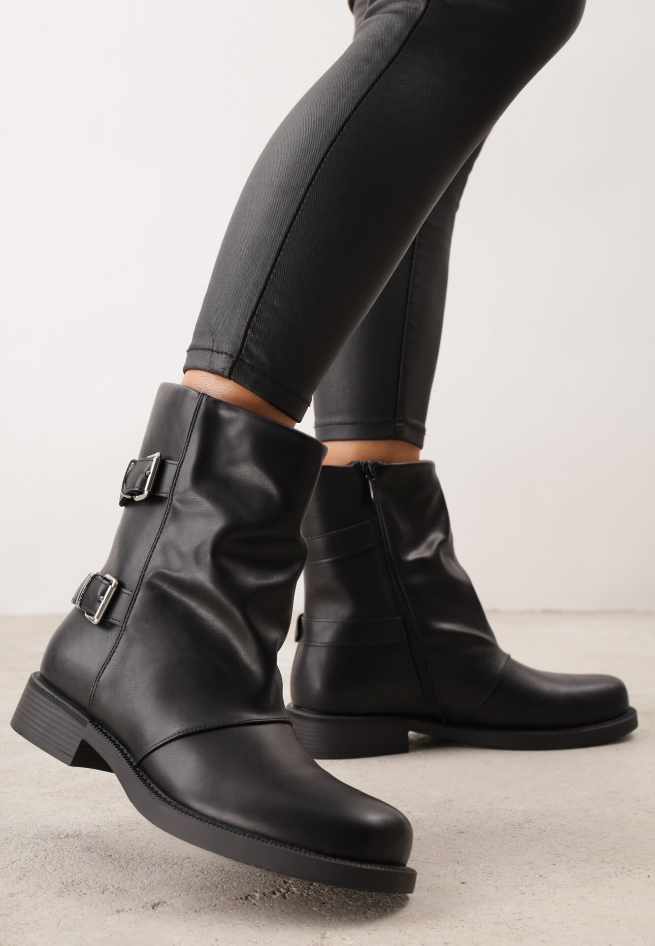 lovery Botine cu catarame și drapaj în stil biker Eirentea Negre
