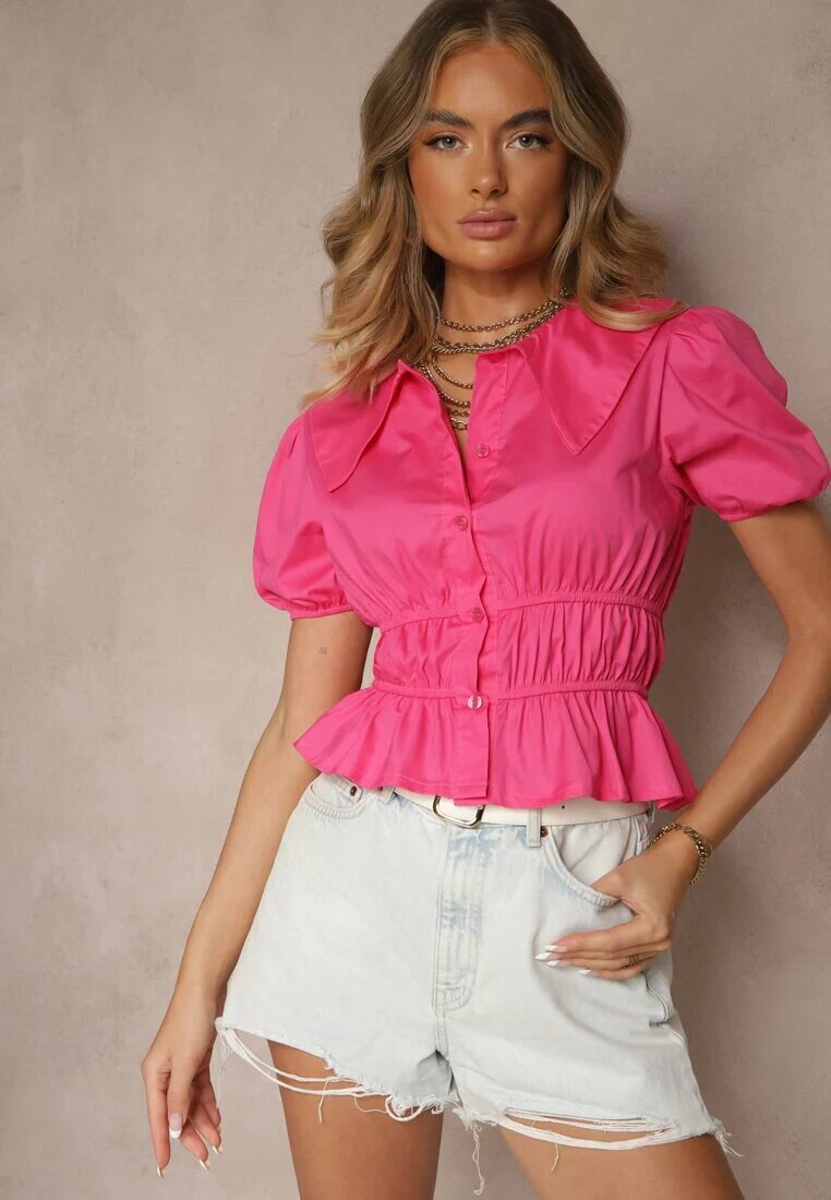 lovery Cămașă Fucsia din bumbac cu bufuri la mâneci și încrețituri Efranise