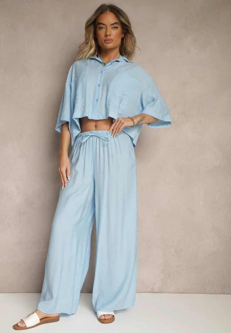 lovery Compleu Albastru din Viscoză Croială oversize Cămașă și Pantaloni Dovaraella