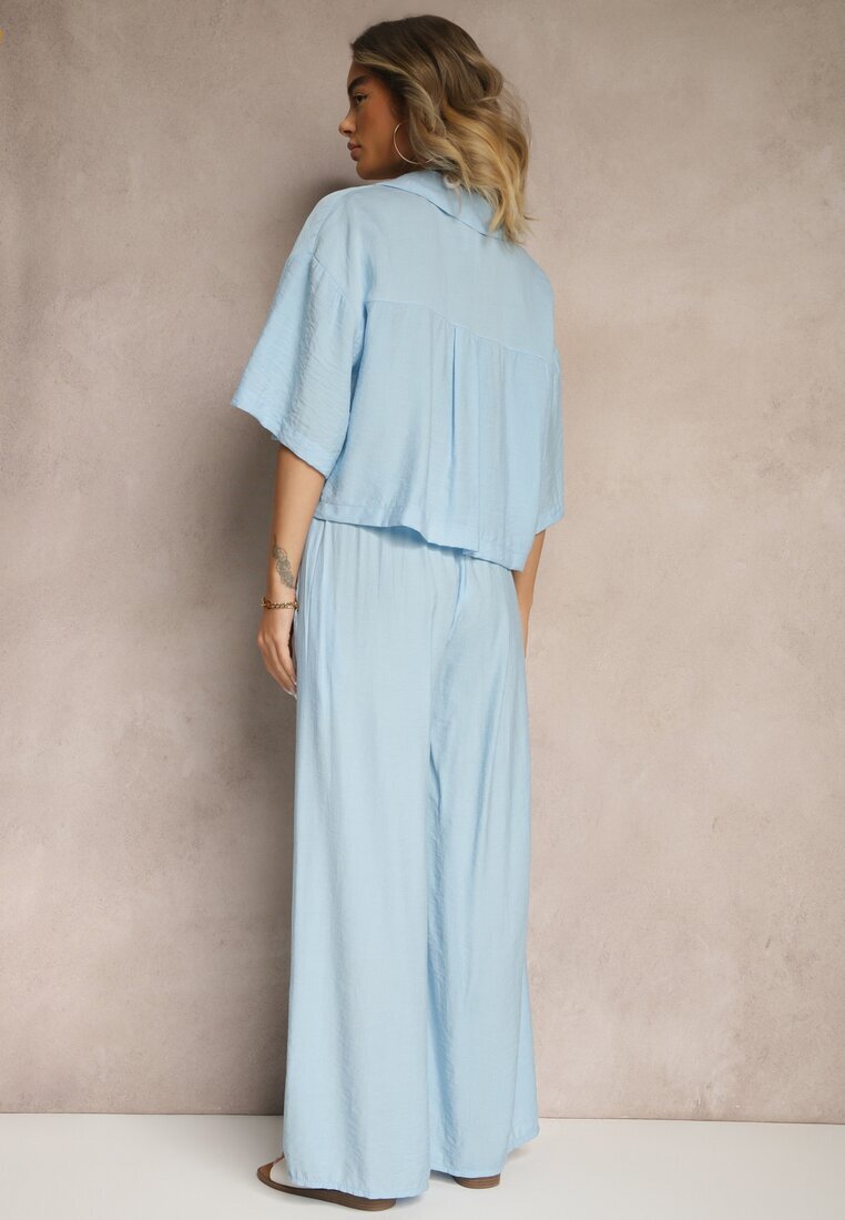 lovery Compleu Albastru din Viscoză Croială oversize Cămașă și Pantaloni Dovaraella