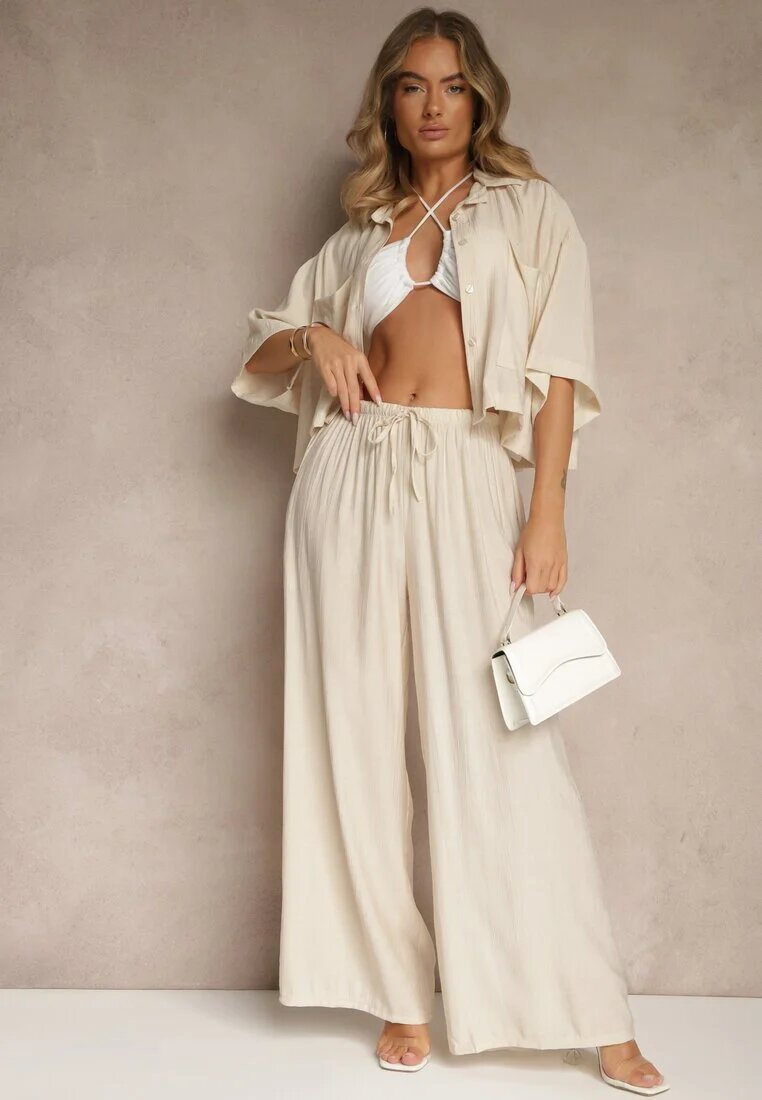 lovery Compleu Bej din Vâscoză cu Croială Oversize Cămașă și Pantaloni Dovaraella