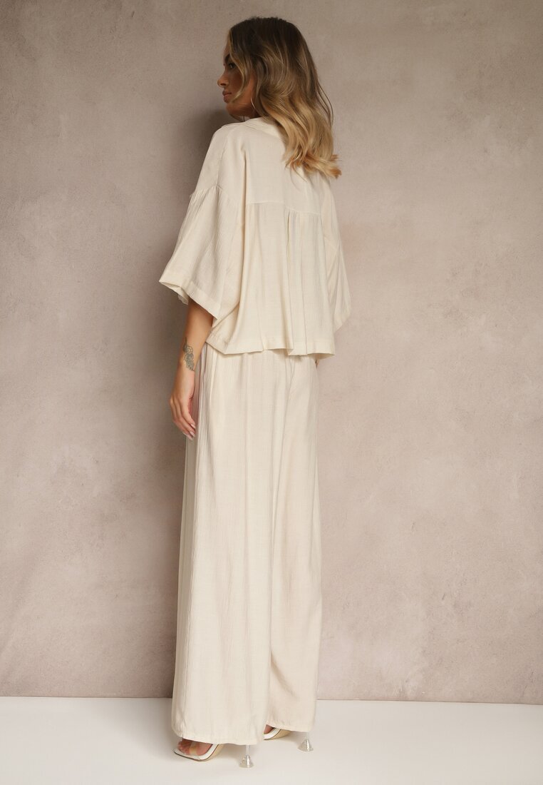 lovery Compleu Bej din Vâscoză cu Croială Oversize Cămașă și Pantaloni Dovaraella